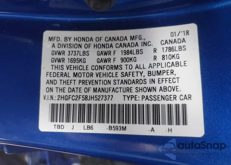 2018 Honda Civic Lx from USA, damaged, VIN 2HGFC2F58JH527377